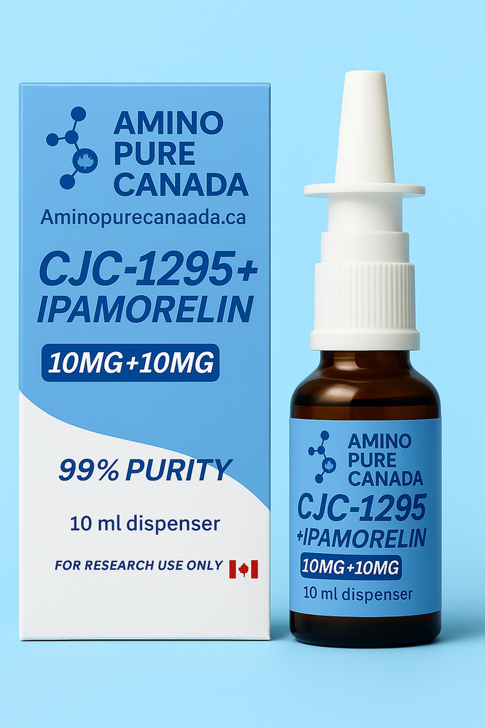 a glass container with a blue label. 