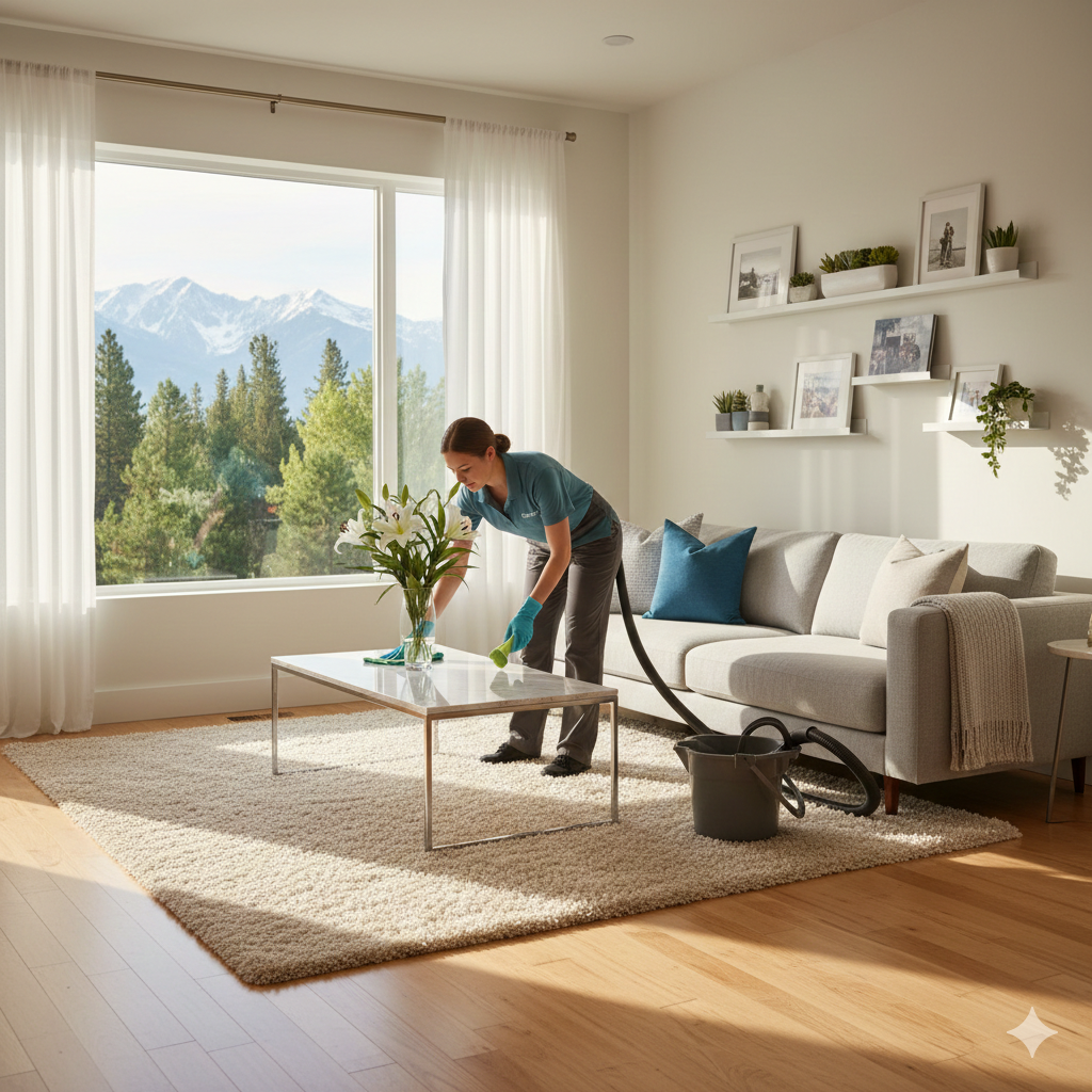 Professional house cleaning services in Reno Nevada showing a female cleaner dusting a marble coffee table in a bright, modern living room with a mountain view.