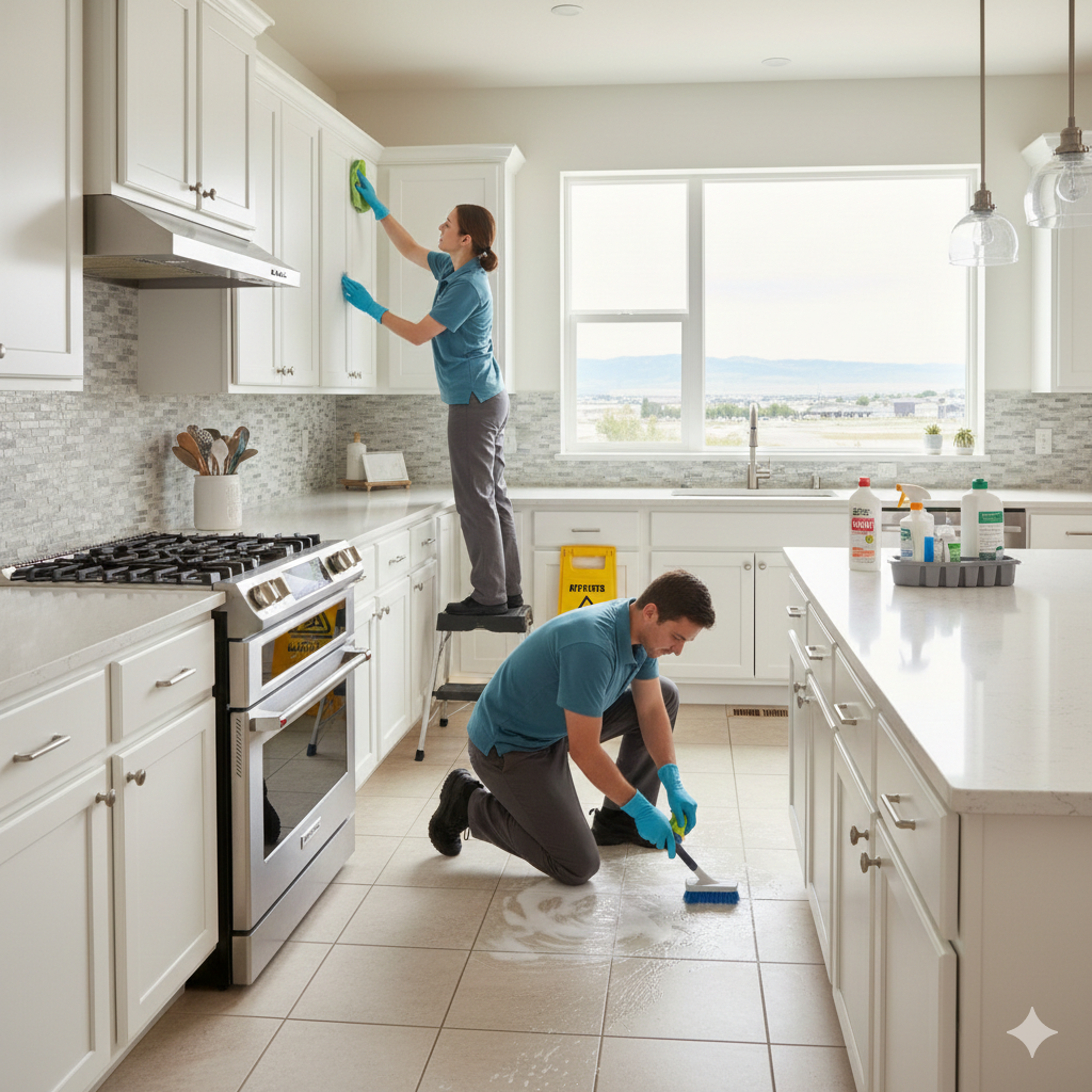 Professional maid services performing a deep cleaning in a Reno kitchen, featuring a team scrubbing tile floors and wiping down white cabinetry for a move-out cleaning.