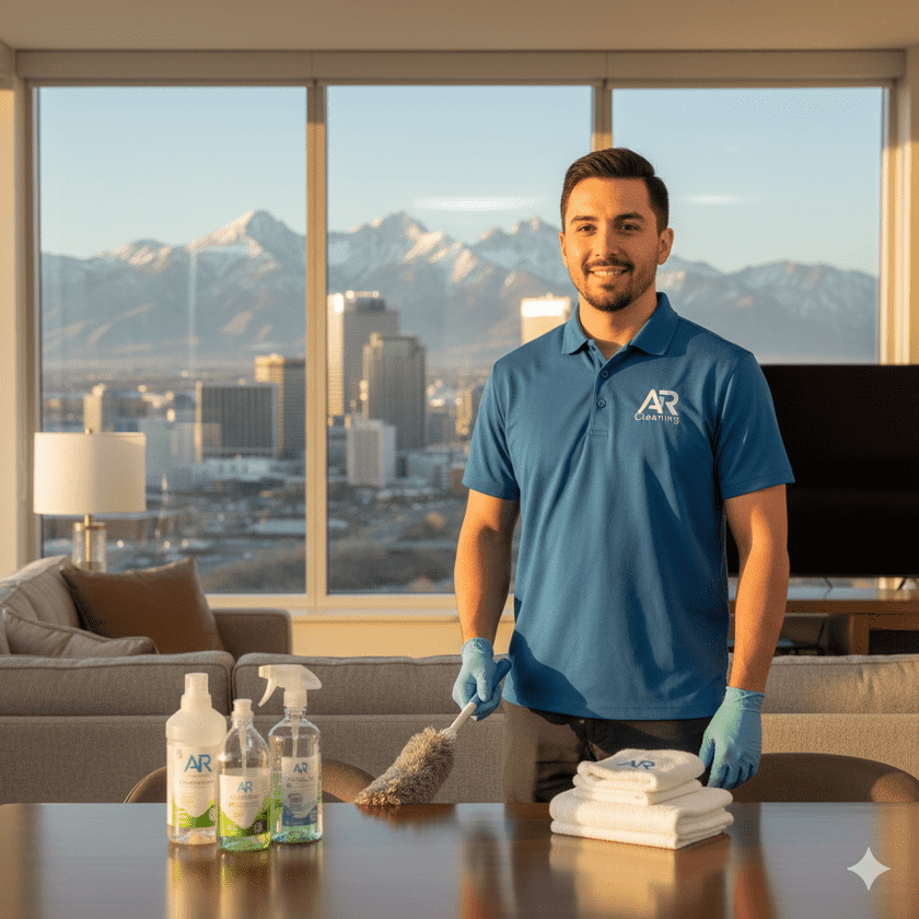 A home cleaning company expert using high-efficiency equipment to remove dust and allergens from a Nevada home.