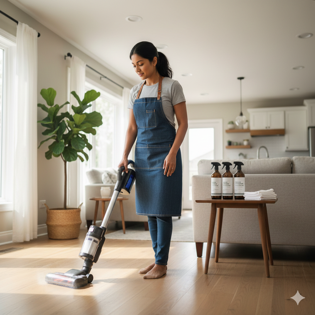 High-efficiency HEPA vacuum being used on a clean area rug in a bright living room to improve indoor air quality.