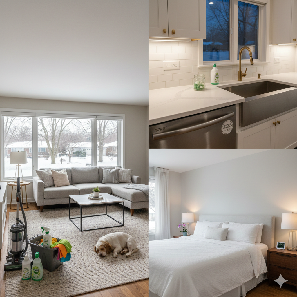 A professional maid service team member cleaning dust from ceiling fan blades and baseboards during a seasonal deep clean.