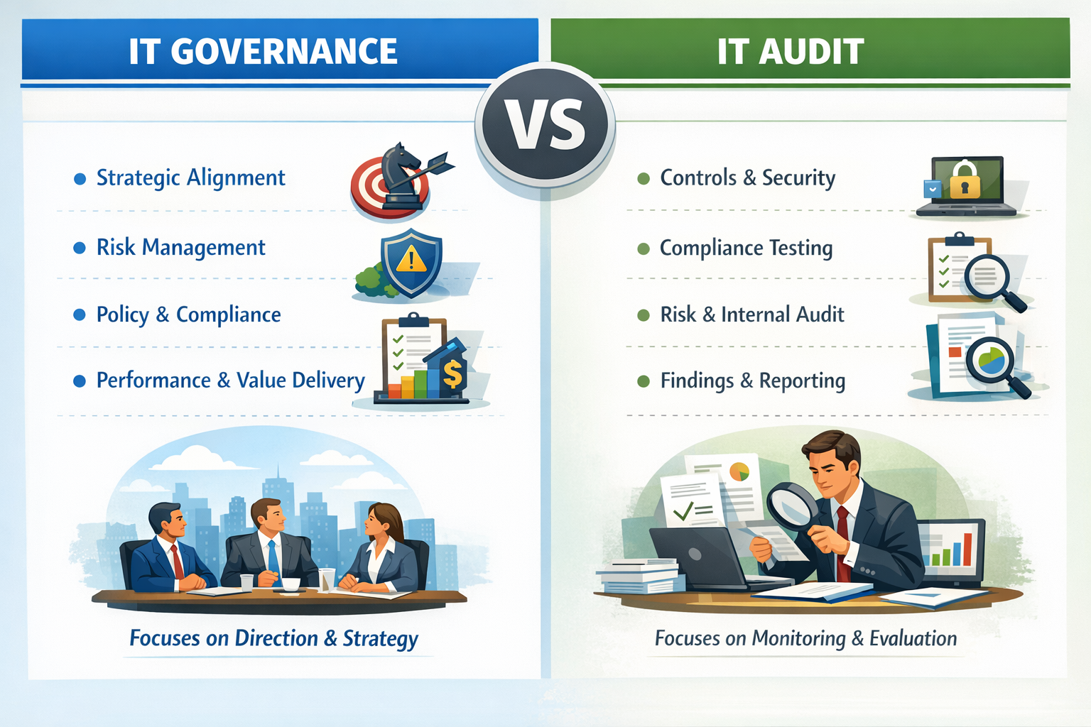 A visual comparison of IT Governance vs IT Audit, showing strategy and decision-making on one side, and controls, compliance, and evaluation on the other.