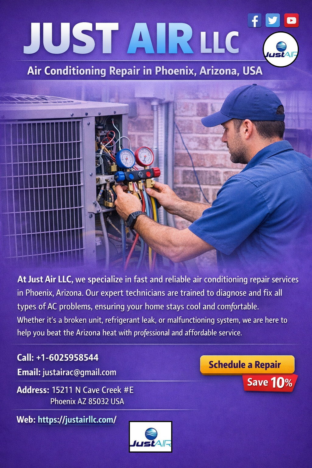 Just Air LLC Heating & Cooling, based in Phoenix, Arizona, is a recognized HVAC contractor that offers comprehensive heating and air conditioning solutions to both residential and commercial customers.