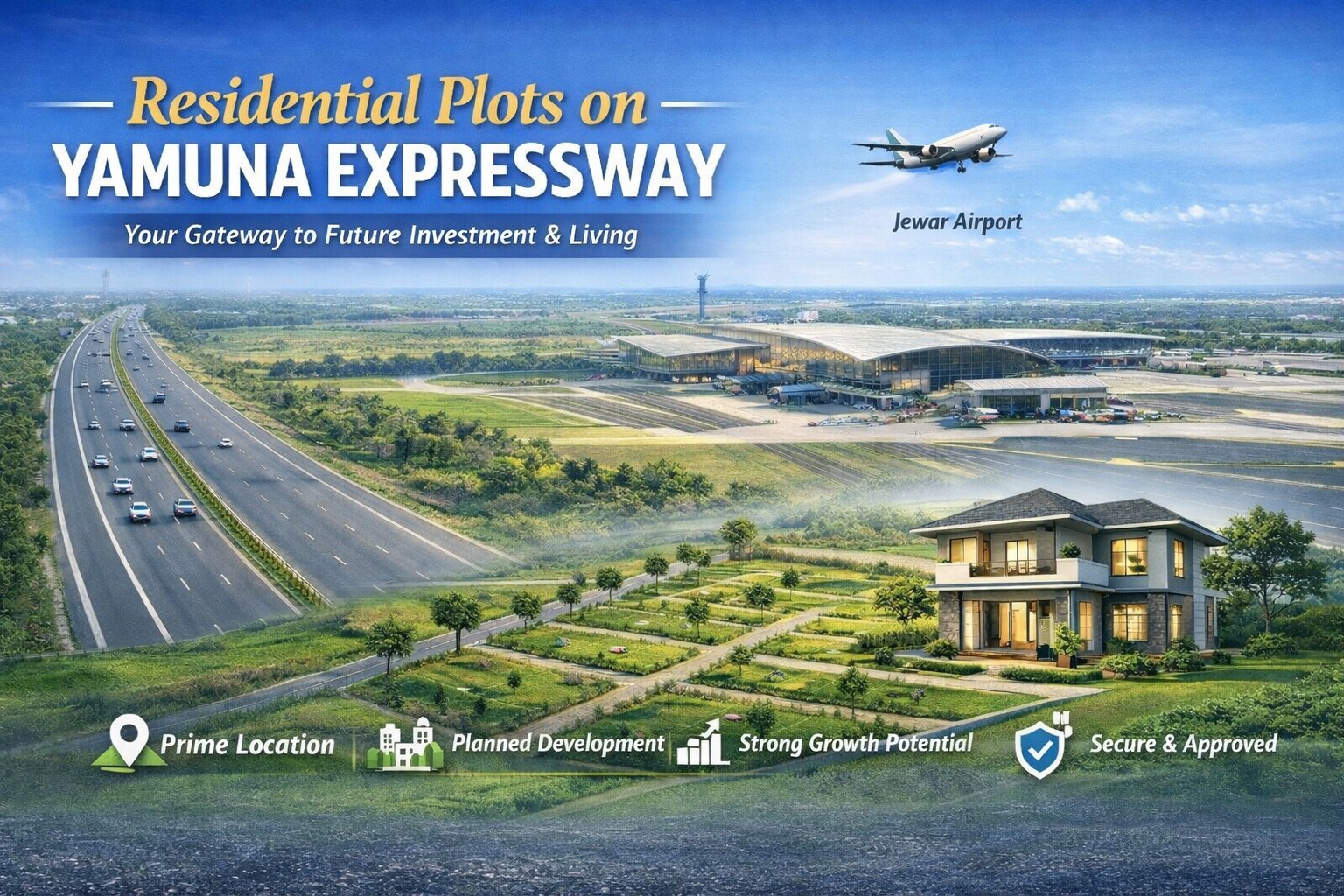 Residential plots along Yamuna Expressway near Jewar Airport with planned infrastructure