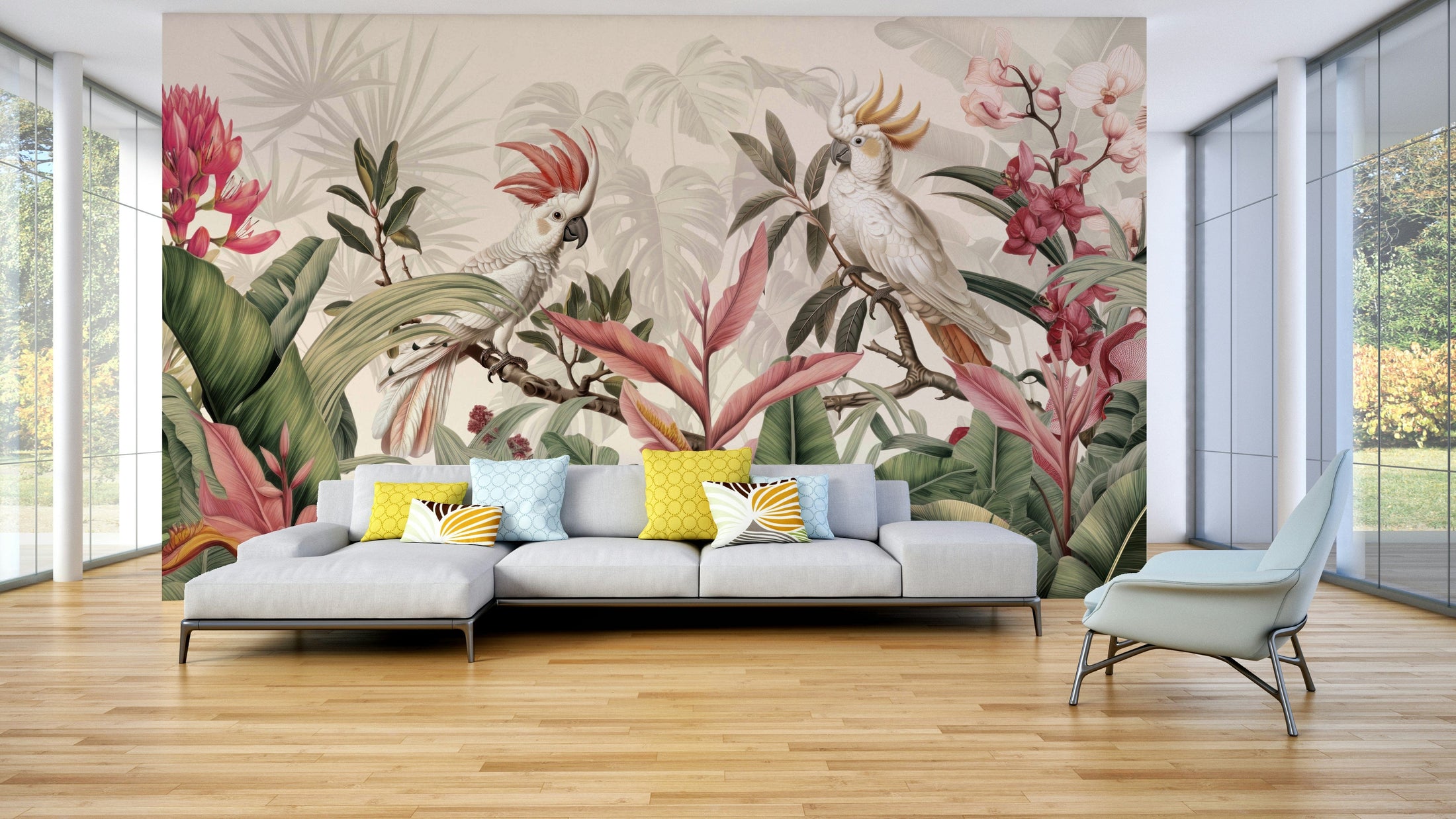 Dining room feature wall showcasing Tropical Cockatoo Birds Forgotten Paradise Wall Mural with vibrant birds and flowers.