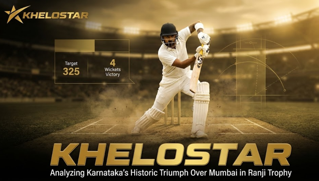 Khelostar analyzes Karnataka's historic Ranji Trophy victory showing batsman playing shot with target 325 and 4 wickets victory statistics overlay