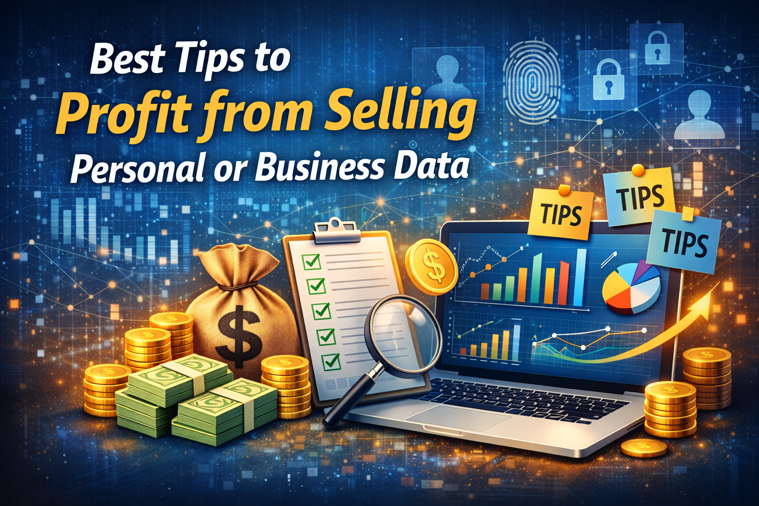 Best tips to profit from selling personal or business data, featuring a laptop with analytics charts, checklist clipboard, magnifying glass, money bag, cash stacks, coins, and digital security icons on a blue technology background