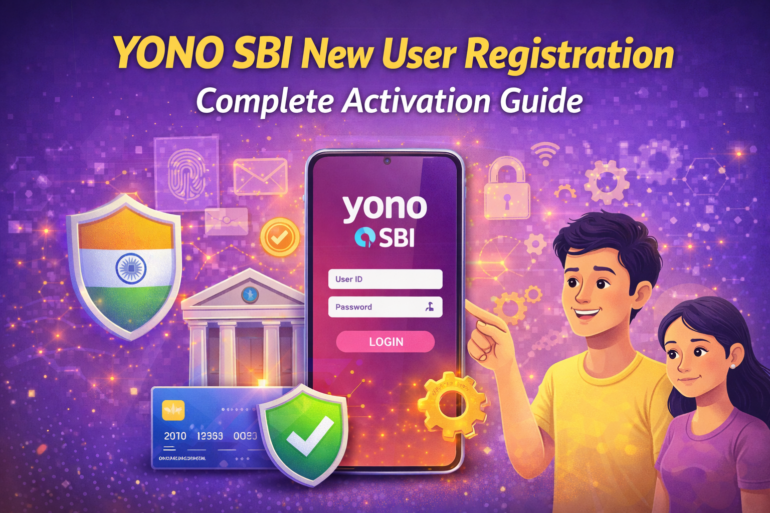 YONO SBI New User Registration Complete Activation Guide banner showing smartphone with YONO SBI login screen, security shields, bank building, debit card, and two users pointing at the app on a purple digital background.