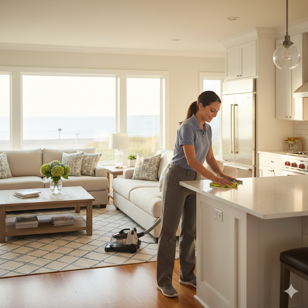 Professional house cleaning services specialist wearing a uniform, meticulously wiping down a white marble kitchen island in a bright, coastal-style Fairfield County home.