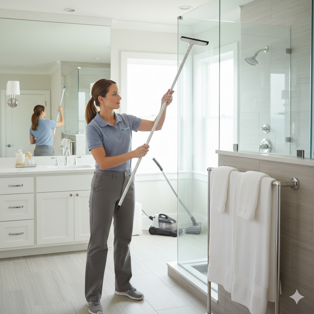 Maid services expert using professional tools to clean a floor-to-ceiling glass shower enclosure in a modern, luxury New Haven residential bathroom.