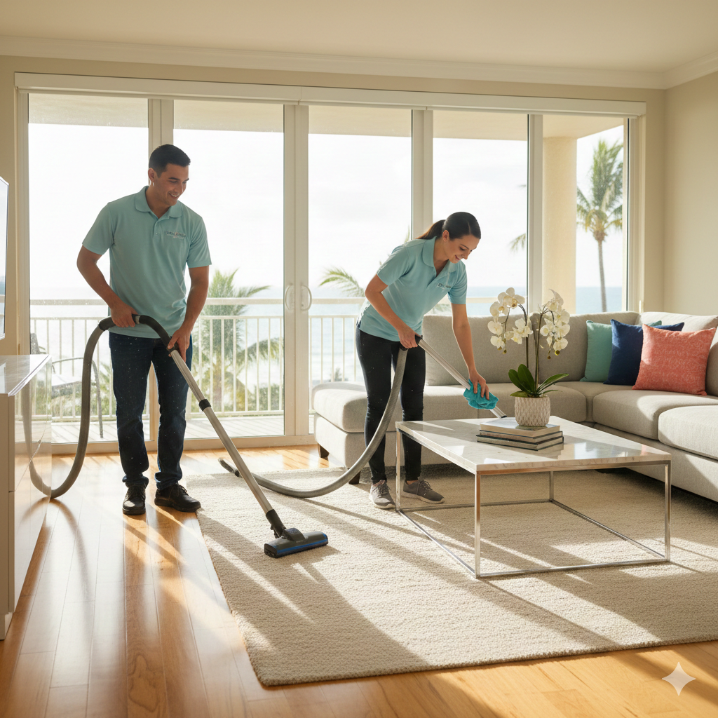 Professional cleaning team from Neat Nest performing residential cleaning in a sunlit Fort Lauderdale living room. A male cleaner vacuums a plush rug while a female cleaner wipes down a marble coffee table. Large glass doors in the background reveal a tropical balcony view with palm trees, representing premium home care in the 33304 area.