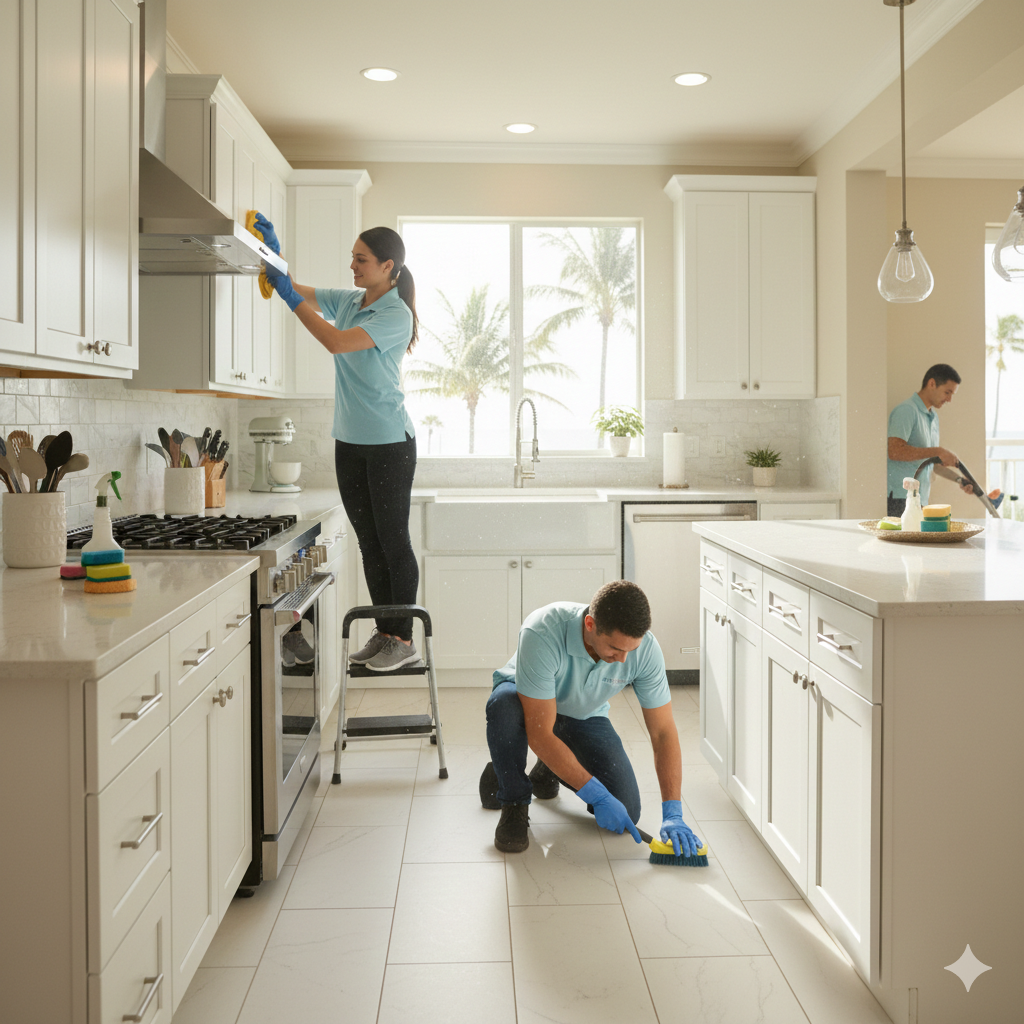 Professional cleaning team from Neat Nest performing residential cleaning in a sunlit Fort Lauderdale living room. A male cleaner vacuums a plush rug while a female cleaner wipes down a marble coffee table. Large glass doors in the background reveal a tropical balcony view with palm trees, representing premium home care in the 33304 area.