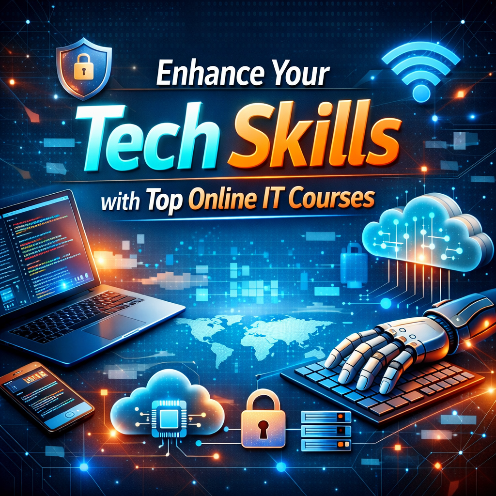 Digital banner showing “Enhance Your Tech Skills with Top Online IT Courses” with laptop, cloud icons, cybersecurity lock, WiFi symbol, and robotic hand on keyboard over a tech-themed background.