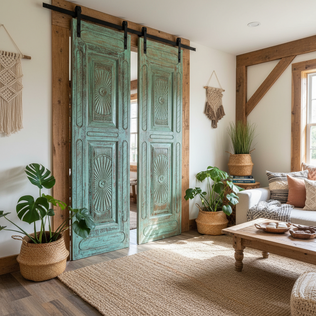 Unique Eclectic Interior Featuring Rustic Armoire & Handmade Furniture