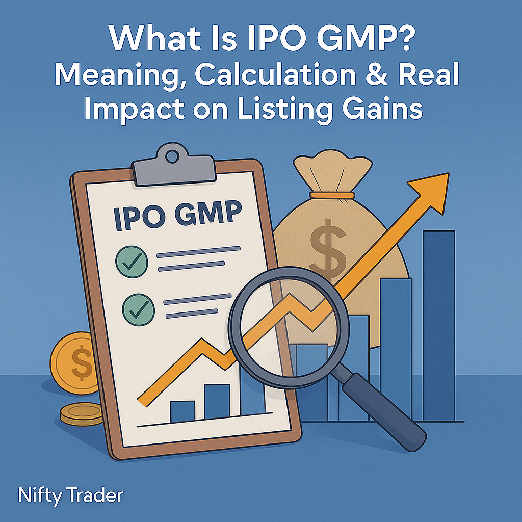This educational illustration explains the concept of IPO GMP in a clear, professional style. A clipboard labeled “IPO GMP” represents the core topic, while a magnifying glass zooms in on a rising bar chart with an orange arrow, symbolizing analysis and potential gains. A money bag and coins emphasize financial outcomes. The title “What Is IPO GMP? Meaning, Calculation & Real Impact on Listing Gains” is prominently displayed at the top, and “Nifty Trader” branding appears subtly in the bottom-left corner. The color palette blends cool blues with warm accents, creating a balanced, informative mood.