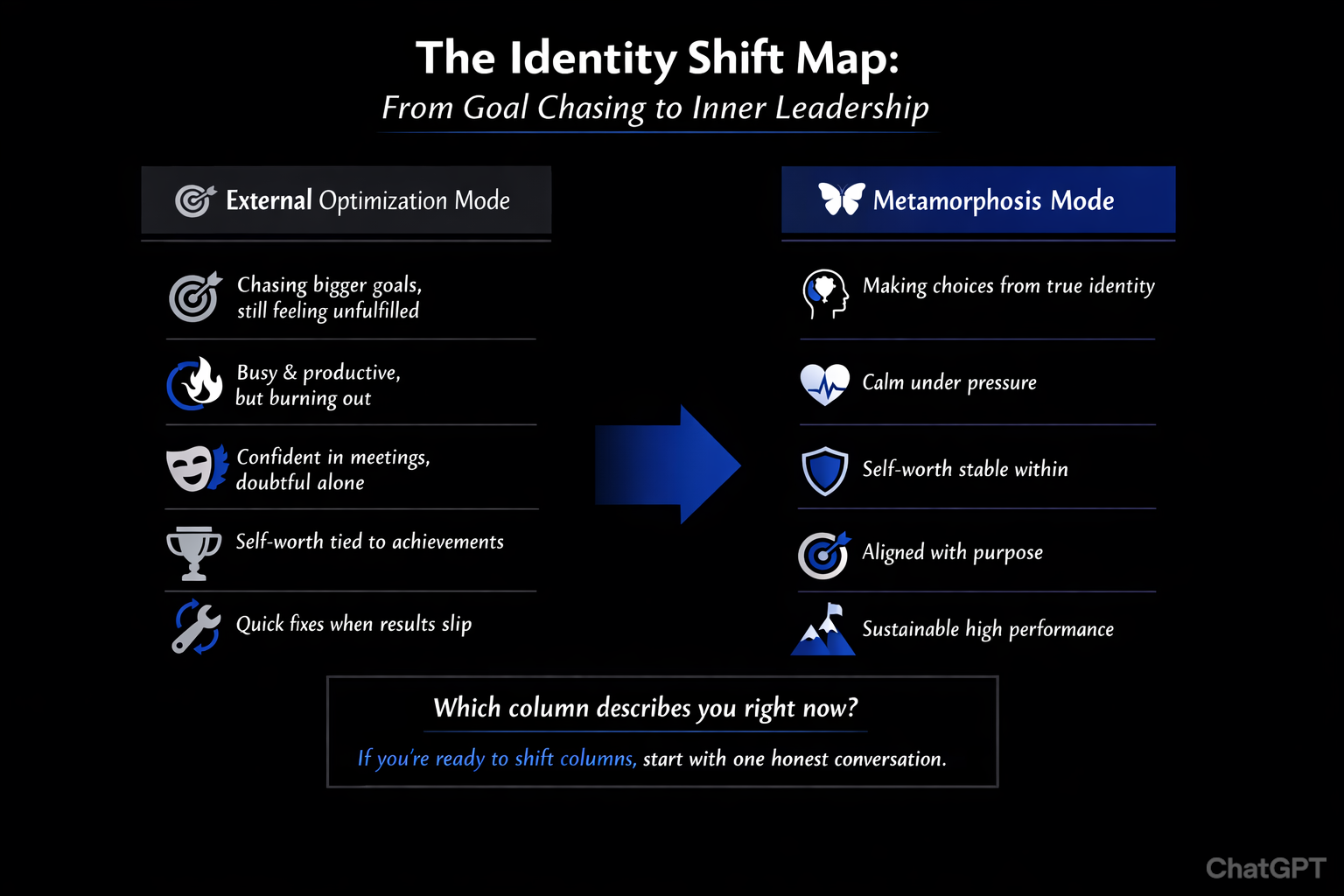 Identity Shift Map infographic comparing external optimization mode vs metamorphosis mode for entrepreneurs seeking deeper transformation