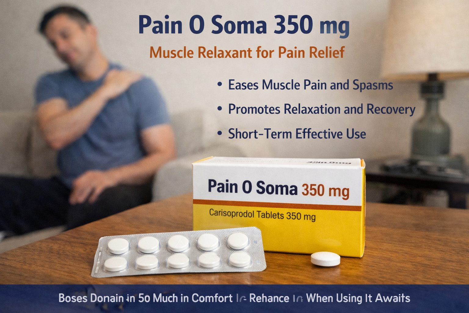 Pain O Soma 350 mg Carisoprodol tablets bottle with muscle pain relief illustration showing neck and spine pain areas
