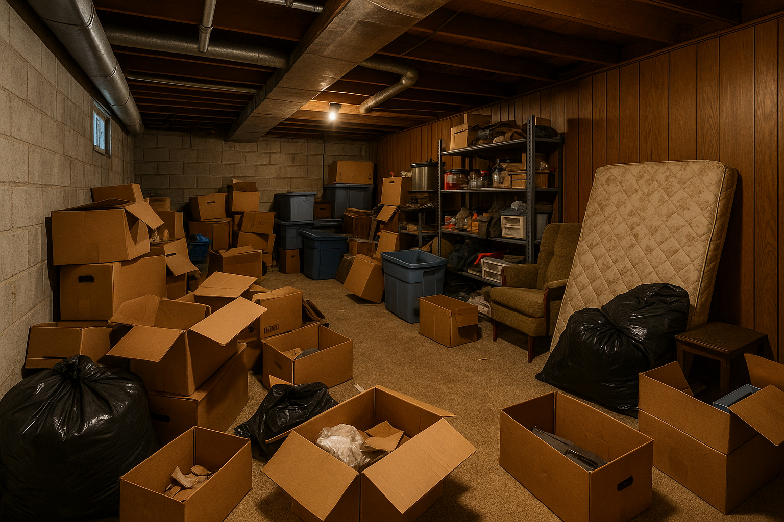 Cluttered basement with boxes, shelving, and stored items requiring residential junk removal