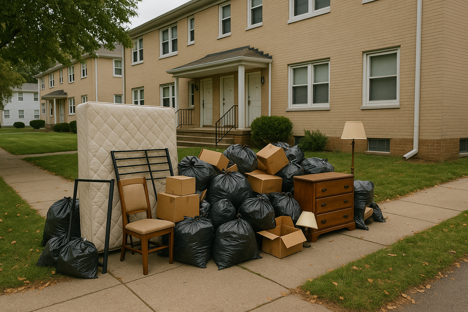 Exterior bulk item pile outside multi-unit Cleveland property showing extended cleanup scope