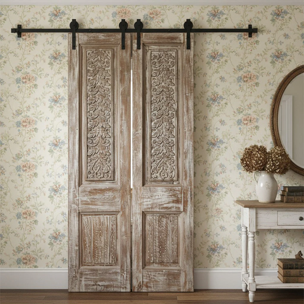Resort-style themed decor with carved barn doors