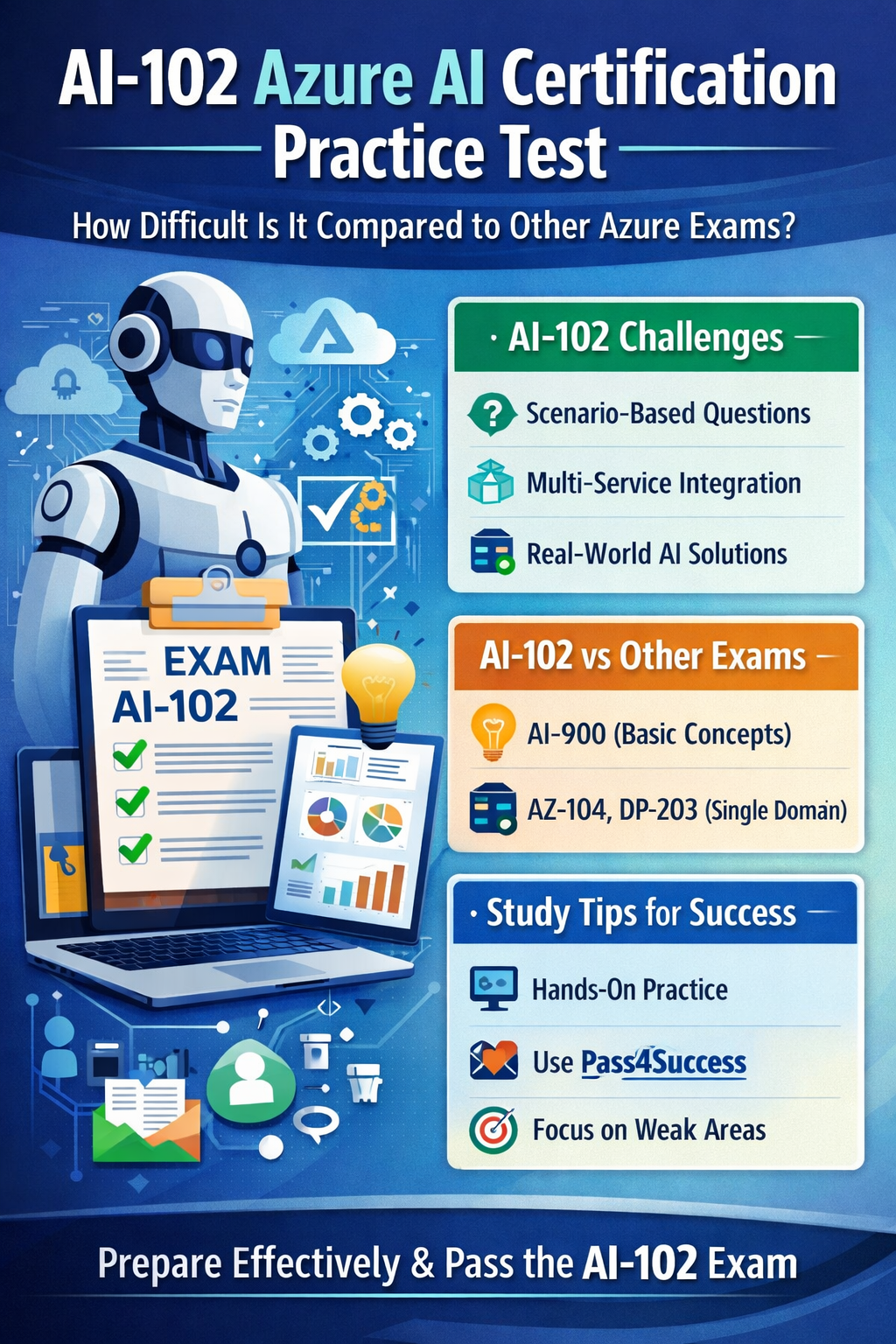 AI-102 Azure AI Certification practice test guide showing Azure cloud services, machine learning, natural language processing, computer vision, and scenario-based exam preparation.”