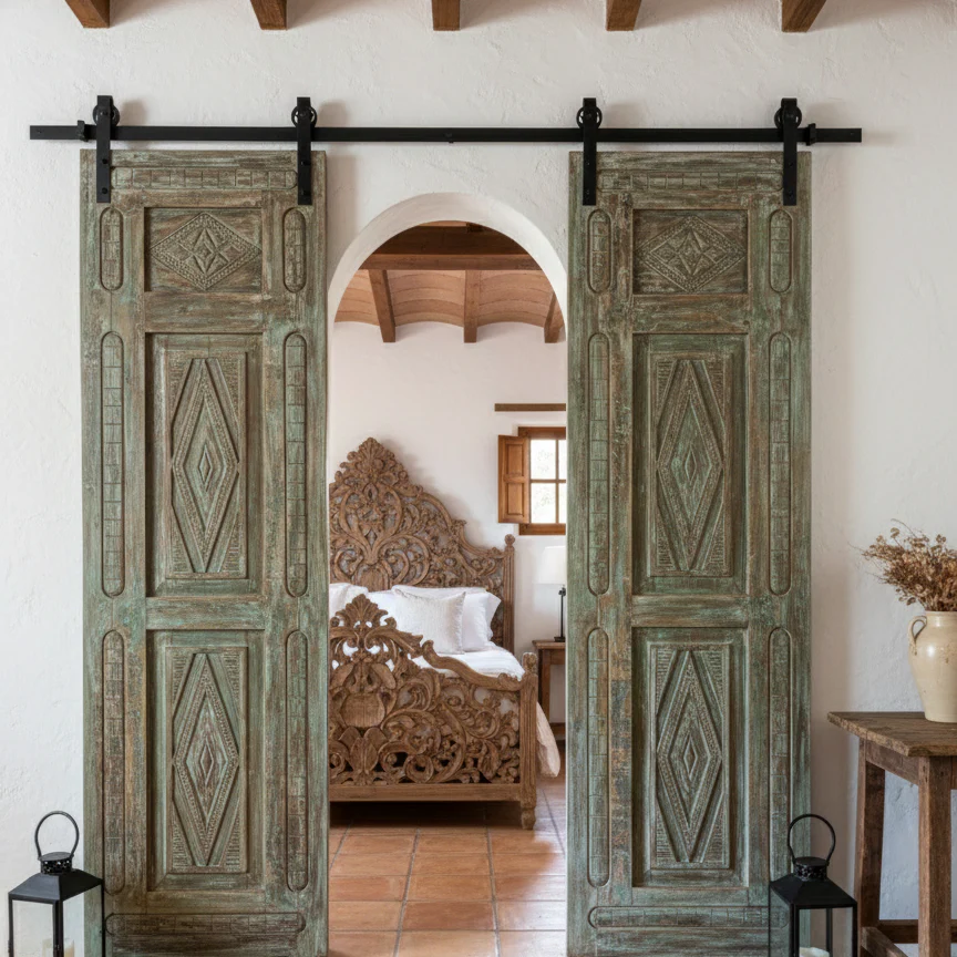 Boho Carved Wood Doors and Vintage Sliding Barn Doors