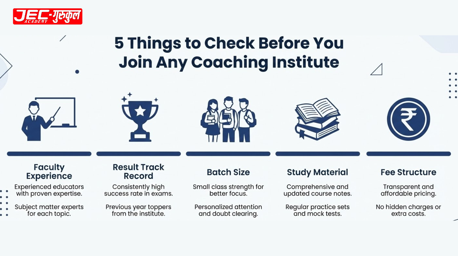 Infographic showing 5 factors to check when choosing a coaching centre near me for govt exams