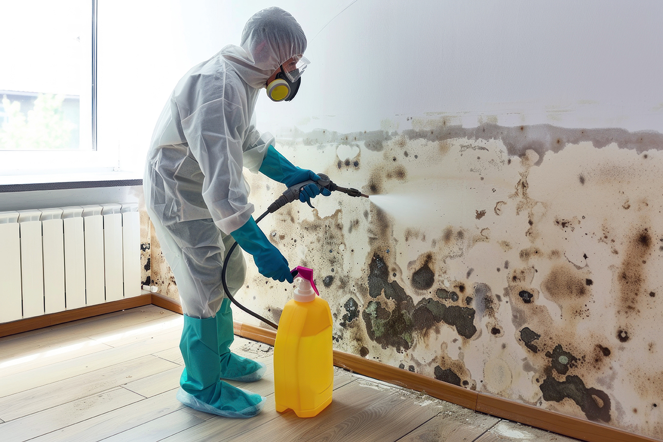 Technician in protective suit spraying disinfectant on mold-damaged wall during remediation