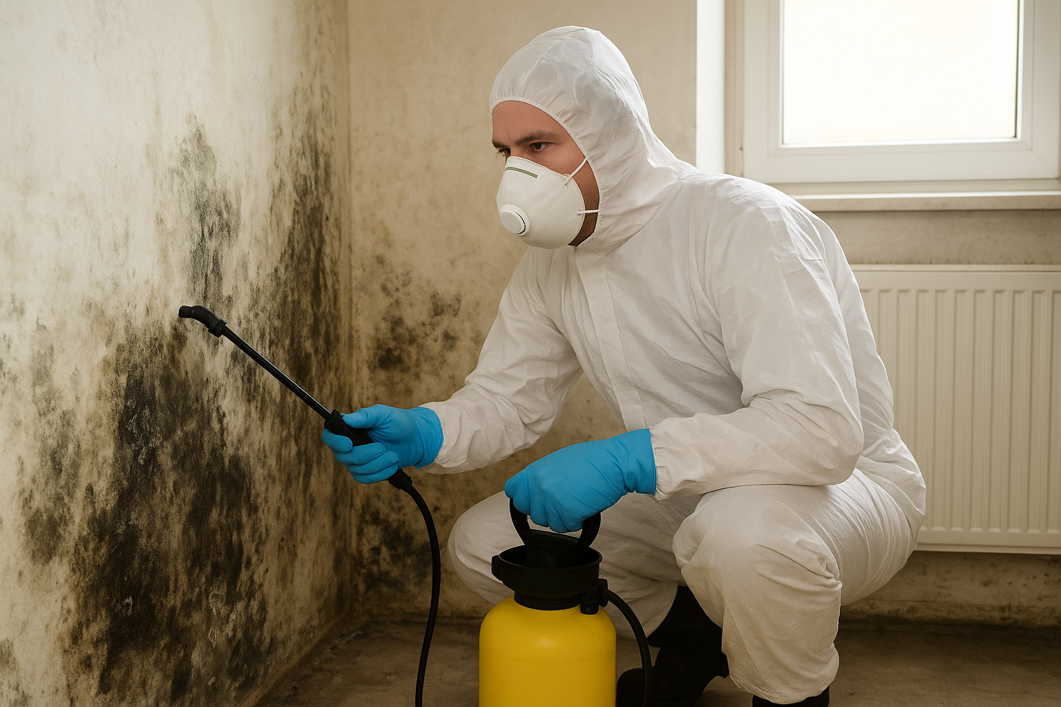 Technician in protective suit spraying treatment on mold-covered wall during remediation