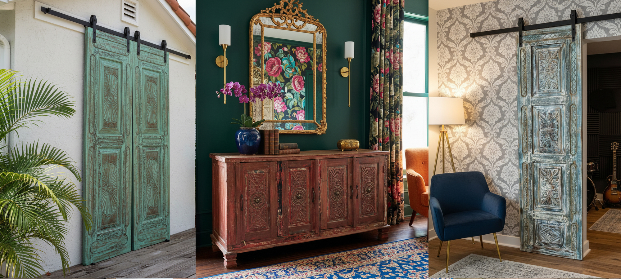Moody Maximalist Homes Curated with Love: Antique Indian Doors, Bodhi Tree Art