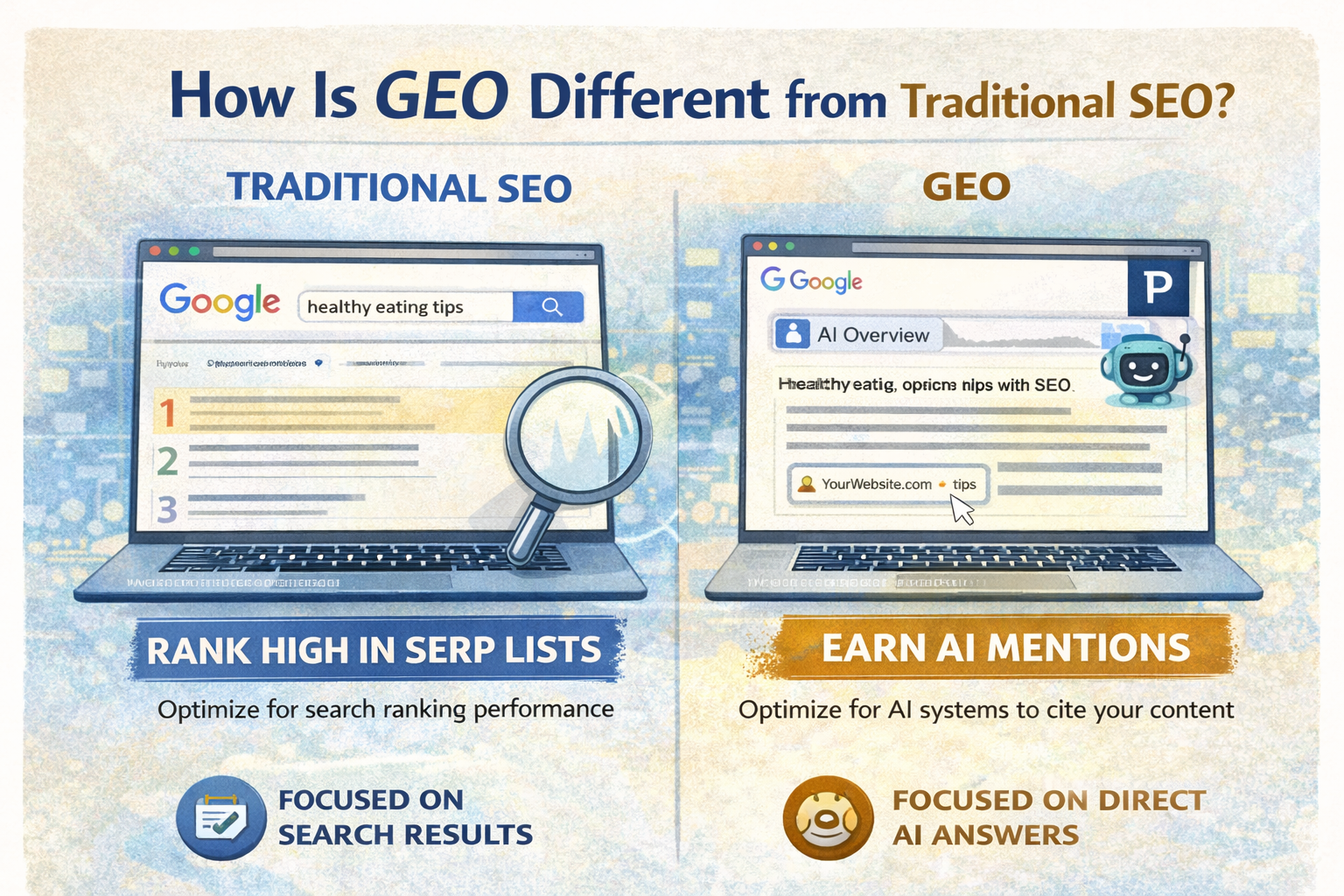 Infographic comparing traditional SEO and Generative Engine Optimization (GEO), showing how SEO focuses on search rankings while GEO focuses on earning AI mentions and citations.
