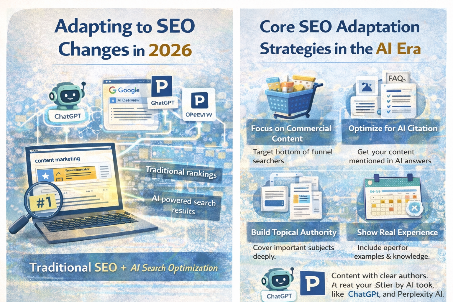 Infographic showing the shift from traditional SEO to AI-powered search in 2026, highlighting platforms like Google AI Overview, ChatGPT, and Perplexity influencing modern search visibility.