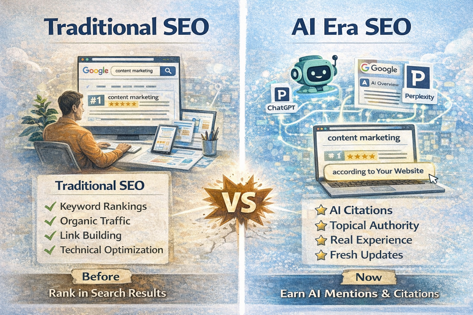 Infographic explaining key SEO strategies for the AI era including focusing on commercial content, optimizing for AI citations, building topical authority, and demonstrating real experience.