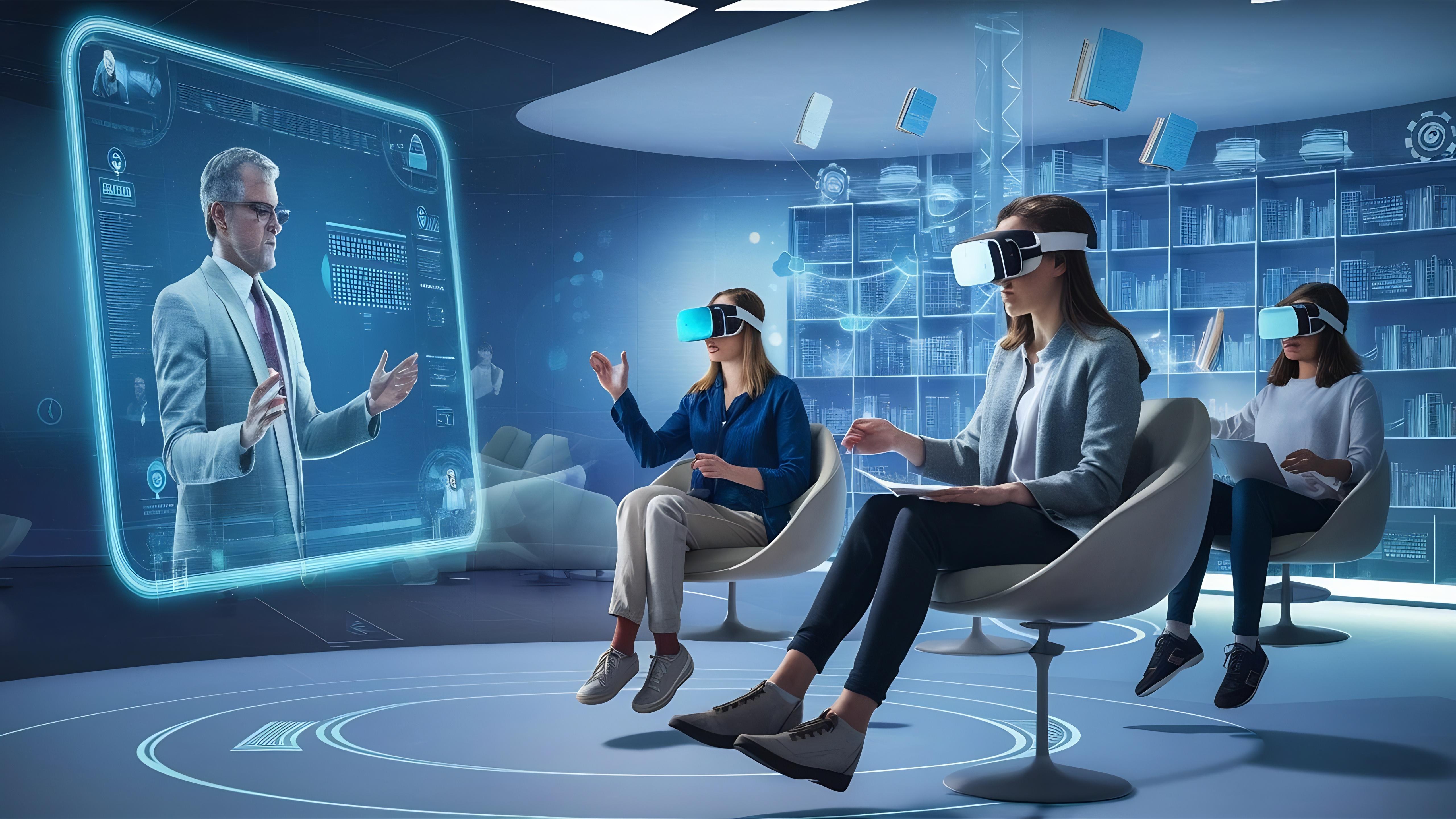 Healthcare and aviation professionals using VR headsets for immersive training simulations in Dubai.