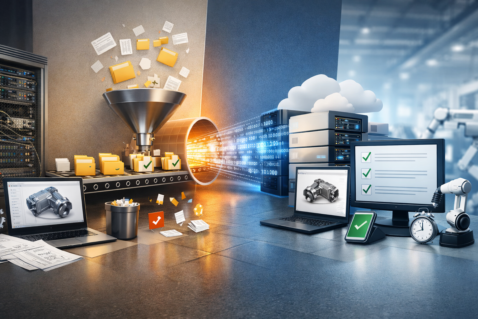 PLM data migration process transferring CAD and engineering data to a validated cloud system.