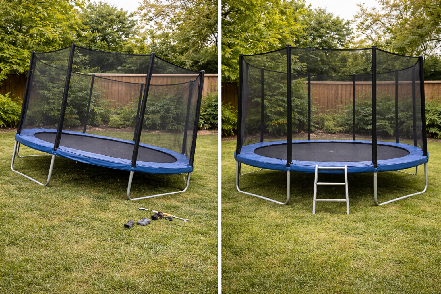 Comparison of amateur vs. professional outdoor trampoline setup.