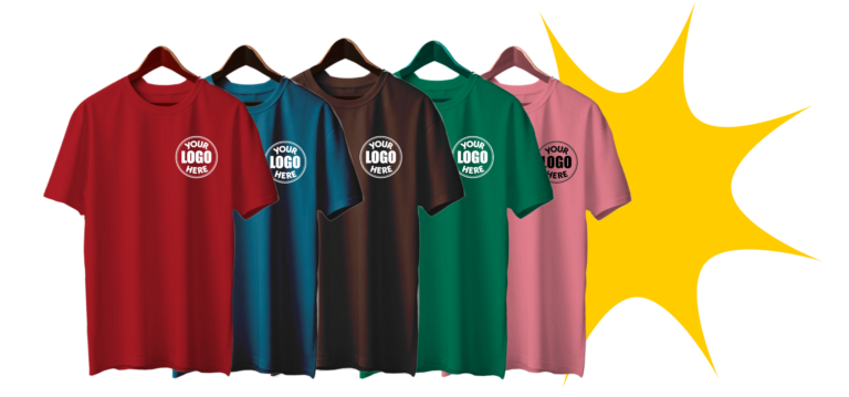 Customized round neck T-shirts in red, blue, brown, green, and pink colors with “Your Logo Here” print, displayed on hangers, ideal for business branding and team apparel by Ink.Company.