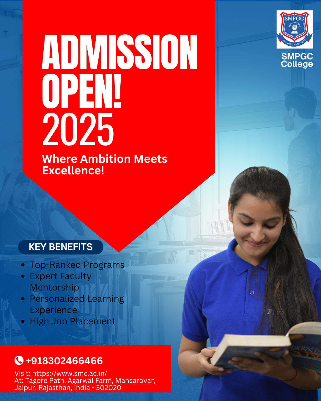 Discover premier academic opportunities at SMPGC Jaipur, a reputable Post Graduation College in Jaipur. The college provides industry-oriented postgraduate programs, research-focused education, state-of-the-art laboratories, and exceptional placement assistance, positioning it as one of the most sought-after choices for post-graduate studies in Rajasthan.