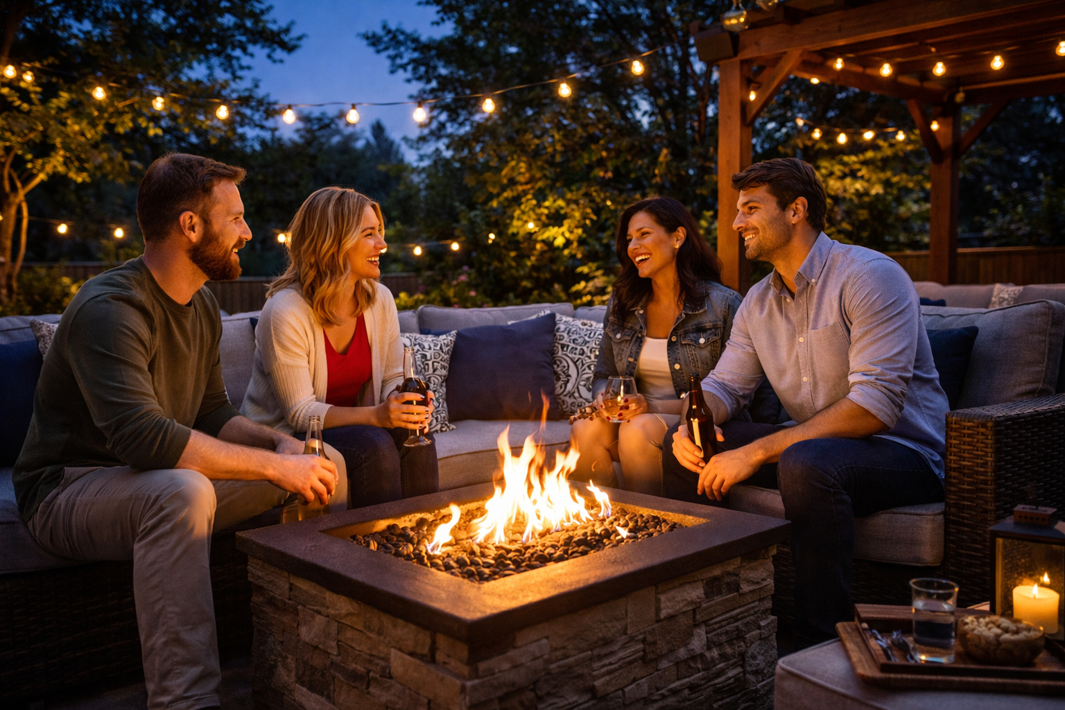 Evening gathering in a perfectly set up backyard living space