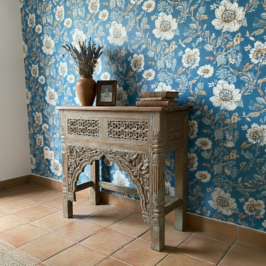 Eclectic Bohemian Style with Vintage Carved Sideboards and Antique Door Tables