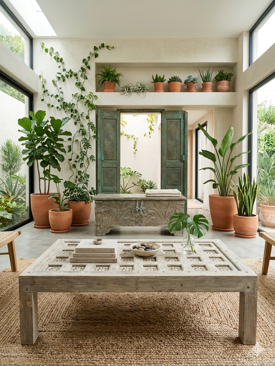 Eclectic Bohemian Style with Vintage Carved Sideboards and Antique Door Tables