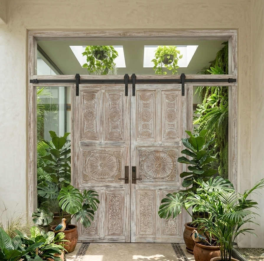 Organic Farmhouse Style with Antique Carved Doors