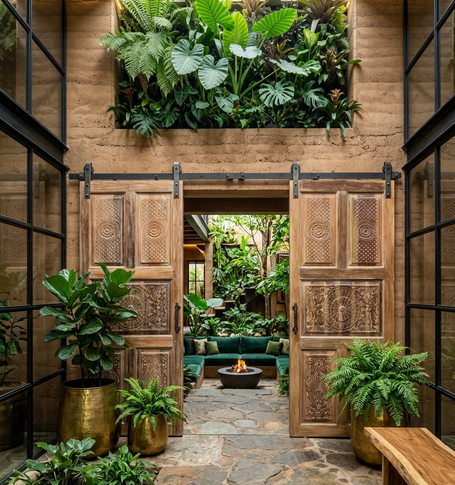 Organic Farmhouse Style with Antique Carved Doors