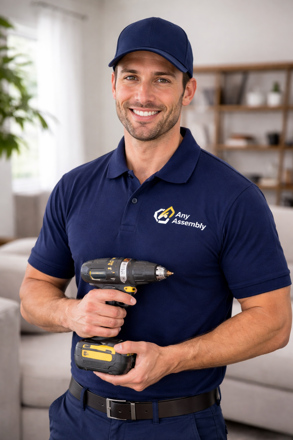 Any Assembly team member smiling while holding a drill, wearing a branded uniform.