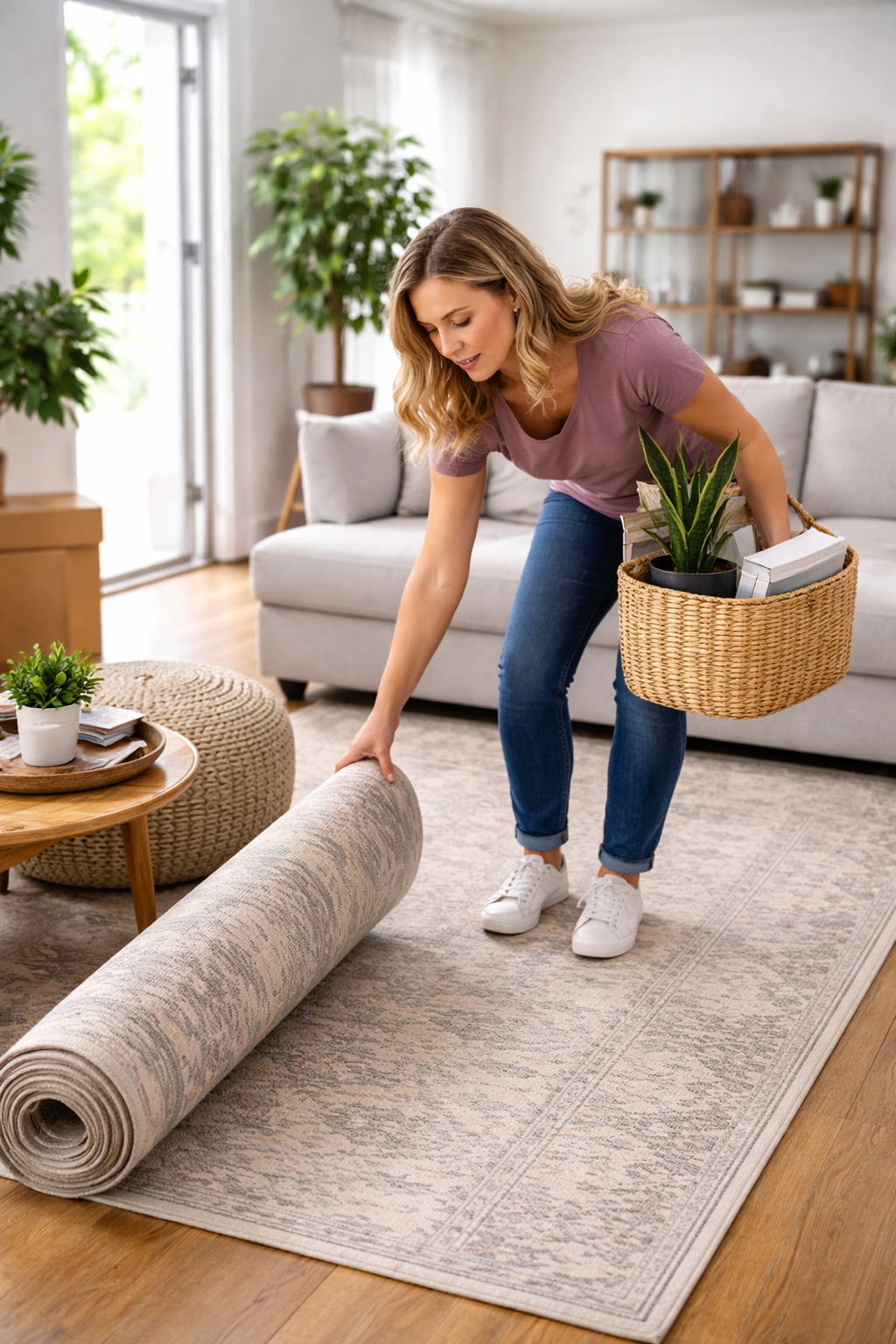 Homeowner clearing a pathway in a living room by moving small items and rugs.