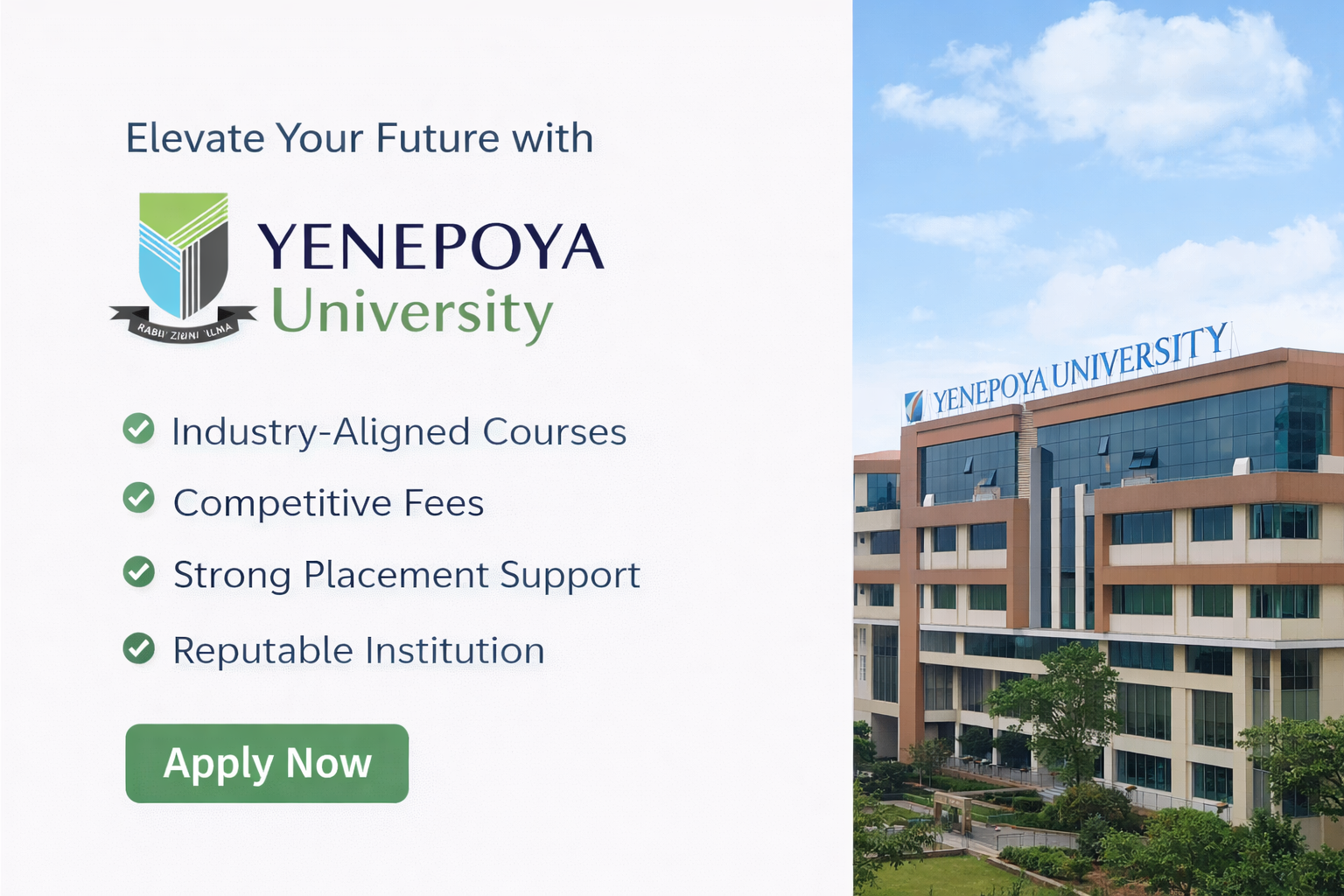 Yenepoya deemed to be university campus with advanced facilities and admissions open for UG and PG courses