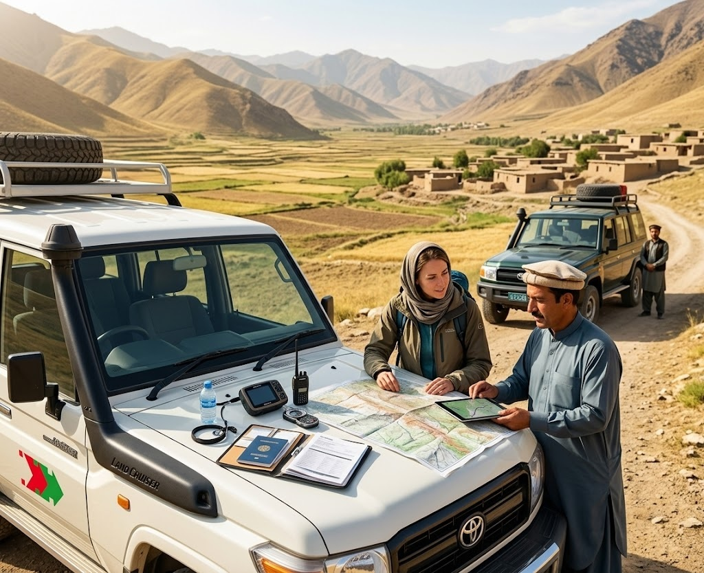 Guide adjusting travel plans with travelers using tablet in scenic location.