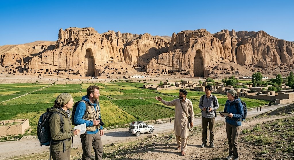 Travelers exploring Bamyan valley with cliffs and open landscape.