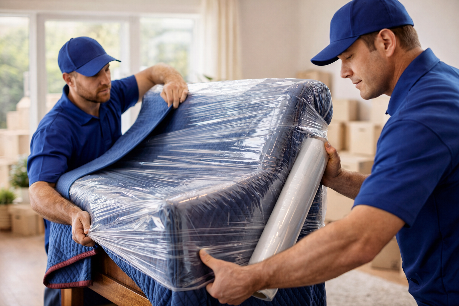 Professional movers carefully wrapping a piece of furniture to ensure zero damage during the move.